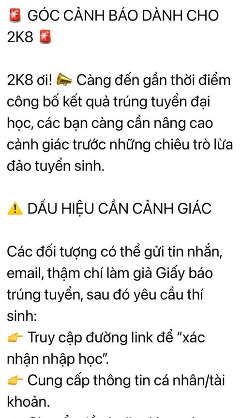  Trung tâm Tuyển sinh và truyền thông Trường ĐH Công thương TPHCM đăng thông tin cảnh báo dành cho tân sinh viên - Ảnh: THANH HÙNG 