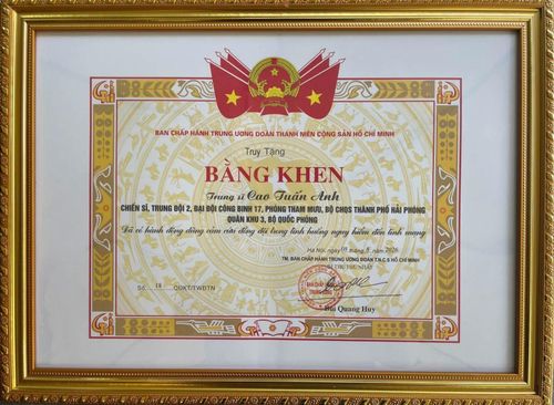 Ban Chấp hành Trung ương Đoàn TNCS Hồ Chí Minh truy tặng Bằng khen đối với Trung sĩ Cao Tuấn Anh vì đã có hành động dũng cảm cứu đồng đội trong tình huống nguy hiểm đến tính mạng. Ảnh: Quân khu 3