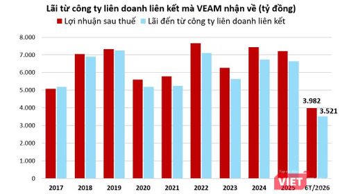 Cổ tức từ công ty liên doanh liên kết đóng góp rất lớn vào lợi nhuận sau thuế của VEAM. Nguồn: Báo cáo tài chính.