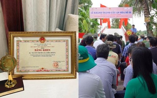Hòa Minzy hạnh phúc chia sẻ ảnh bằng khen và cây cầu An Hòa số 6 đã được hoàn thành. Ảnh: FBNV