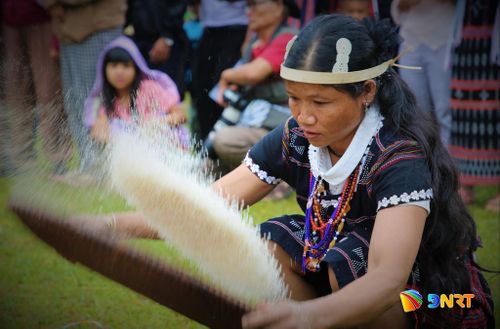 Phụ nữ Cơ Tu sàng gạo trong cuộc thi giã gạo truyền thống. Ảnh: ALĂNG NGƯỚC