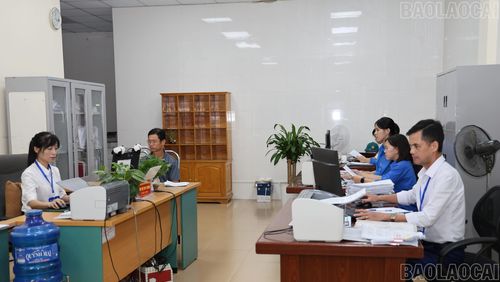 Cán bộ, công chức phường Cam Đường tập trung thực hiện rà soát, cập nhật, hoàn thiện dữ liệu đất đai.