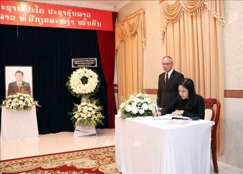 Bà Hà Thanh, Chủ tịch Liên hiệp các tổ chức hữu nghị Thành phối Hồ Chí Minh dẫn đầu đoàn đại biểu Liên hiệp các tổ chức hữu nghị Thành phố viếng và ghi sổ tang đồng chí Xaysomphone Phonvihane. Ảnh: Xuân Khu/TTXVN