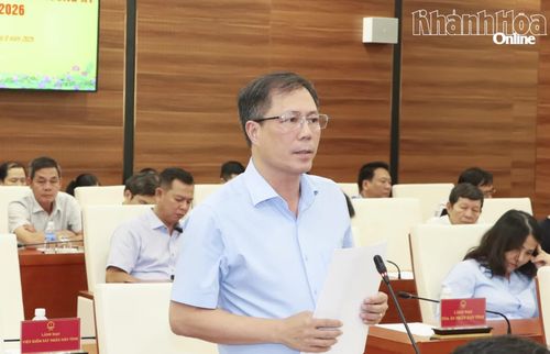 Ông Trần Minh Chiến - Trưởng Ban Quản lý Khu kinh tế và Khu công nghiệp tỉnh báo cáo tại cuộc họp.