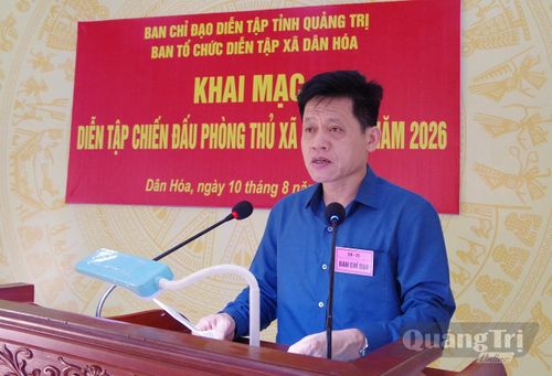 Đồng chí Lê Văn Bảo, Phó Chủ tịch UBND tỉnh, Phó trưởng Ban Tổ chức diễn tập tỉnh phát biểu chỉ đạo khai mạc diễn tập - Ảnh: H.C