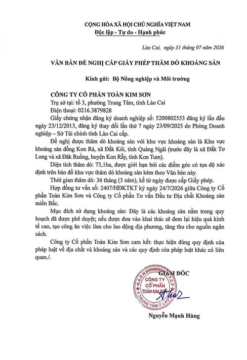 Văn bản đề nghị cấp phép thăm dò của Công ty Cổ phần Toàn Kim Sơn được đăng tải trên Cổng thông tin của Bộ Nông nghiệp và Môi trường.