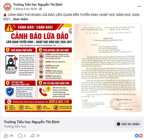  Trường Tiểu học Nguyễn Thị Định tăng cường tuyên truyền, cảnh báo phụ huynh trước các thủ đoạn lừa đảo liên quan tuyển sinh, nhập học năm học 2026-2027.