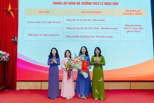 Bí thư Đảng ủy, Chủ tịch HĐND phường Hai Bà Trưng Chu Hồng Minh cùng lãnh đạo phường Hai Bà Trưng trao quyết định thành lập tổ chức cơ sở Đảng cho trường THCS Lê Ngọc Hân. Ảnh: NQ