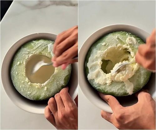 Đức Phúc rất hào hứng, hồi hộp với phần cạo này. Sữa tươi, sữa đặc, whipping cream được hòa lẫn với phần hoa quả đông mát lạnh.