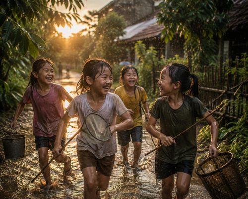 Hương đất sau cơn mưa đầu mùa là dấu hiệu cho mùa "lễ hội" của tuổi thơ - ảnh do AI tạo.