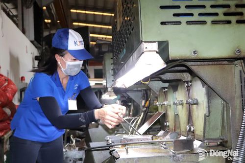 Công nhân Công ty TNHH công nghiệp Kiến Đạt (doanh nghiệp Đài Loan), ở Khu công nghiệp Long Bình, phường Long Bình trong giờ sản xuất.