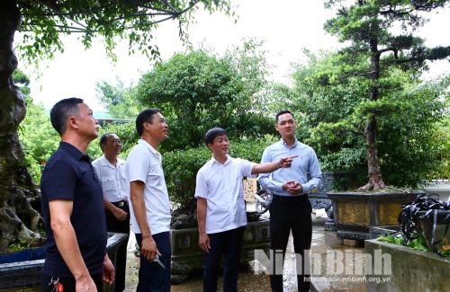 Anh Đỗ Tuấn Anh (ngoài cùng bên phải) cùng cán bộ Tổ dân phố Đỗ Xá, phường Vị Khê bám sát địa bàn động viên người dân phát triển kinh tế sinh vật cảnh.