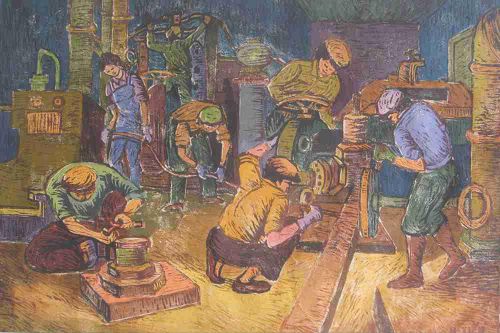 Phân xưởng tiện. Tranh: Hoàng Minh Tiến