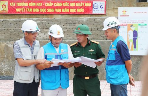 Cán bộ, kỹ sư Tổng Công ty 789 và cán bộ Tiểu đoàn 40 trao đổi, thống nhất phương án thi công công trình