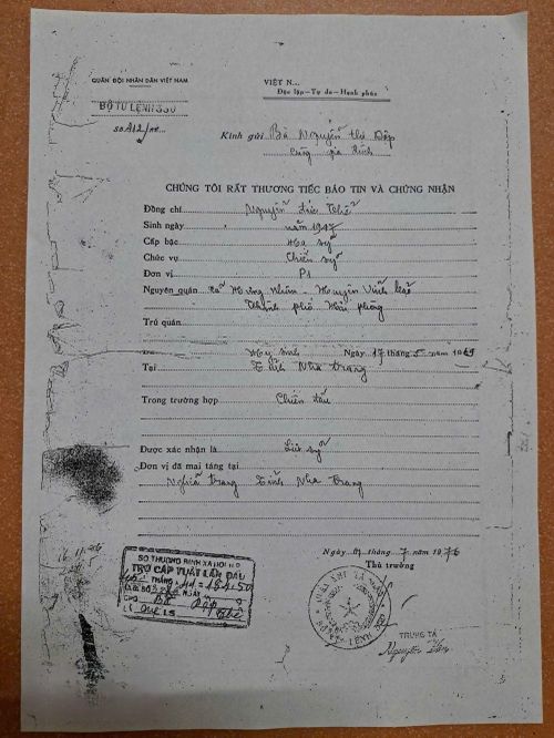 Giấy báo tử liệt sĩ Nguyễn Đức Thể.