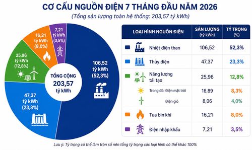 Tỷ trọng huy động các loại hình nguồn điện toàn hệ thống trong 7 tháng đầu năm (Ảnh: AI).
