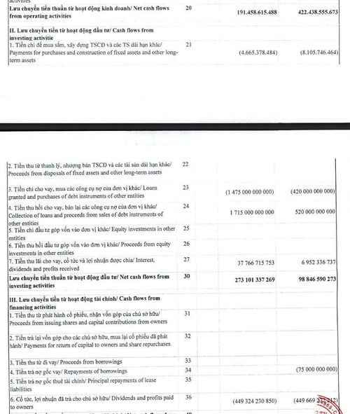 Dòng tiền kinh doanh 6 tháng giảm 54,7% về 191,46 tỷ đồng, trong khi tiền chi mua tài sản mới chỉ 4,67 tỷ đồng và cổ tức trả 449,32 tỷ đồng. Ảnh chụp BCTC