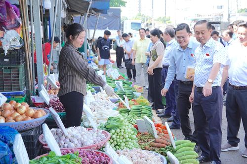 Đồng chí Huỳnh Thanh Nhân, Phó Chủ tịch HĐND TPHCM (thứ 2 từ phải vào) khảo sát việc bảo đảm ATTP tại chợ nông sản Thủ Đức. QUANG HUY