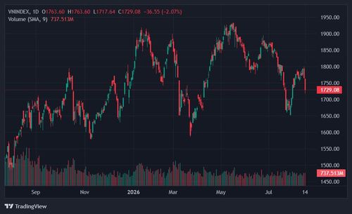 VN-Index rơi xuống mức thấp nhất nửa tháng qua. Ảnh: TradingView.