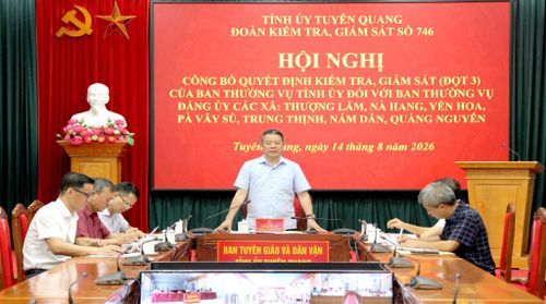 Đồng chí Trần Mạnh Lợi, Trưởng ban Tuyên giáo và Dân vận Tỉnh ủy Tuyên Quang, Trưởng đoàn kiểm tra, giám sát số 746 phát biểu tại hội nghị. Ảnh Báo Tuyên Quang