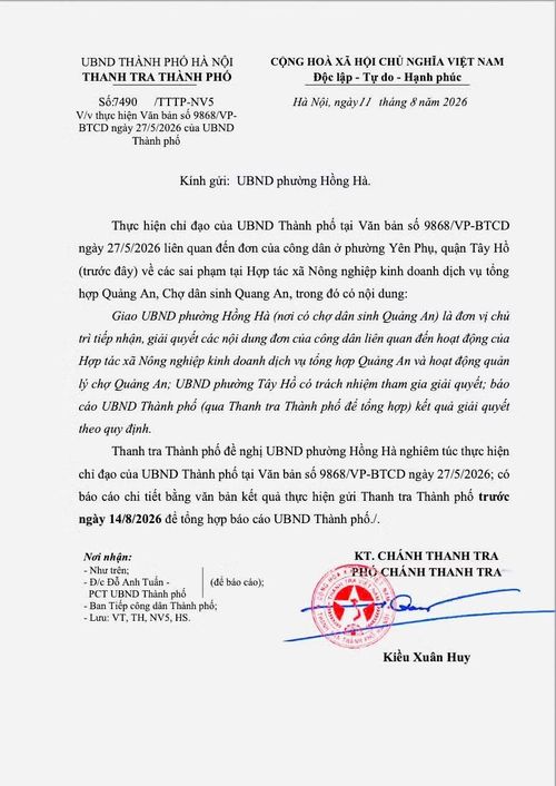 Văn bản mới nhất của Thanh tra TP Hà Nội gửi UBND các phường yêu cầu xử lý những nội dung liên quan đến sự việc.