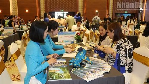 Du khách quốc tế tìm hiểu các dịch vụ của Vietnamairlines. (Ảnh: PHÚC THẮNG)