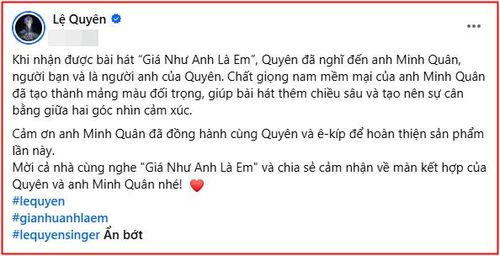 Chia sẻ của Lệ Quyên về Minh Quân: (Ảnh chụp màn hình FBNV) 