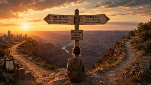 Chú thích ảnh: Outer life: Accomplishments, Prossessions, Recognition, Comfort.Tạm dịch - Cuộc sống bên ngoài: Thành tựu, Tài sản, Sự công nhận, Sự tiện nghi. Inner Life: Purpose, Meaning, Awareness, FreedomTạm dịch - Cuộc sống bên trong: Mục đích, Ý nghĩa, Sự tỉnh thức, Tự do. Choose your priorityTạm dịch: Hãy chọn ưu tiên của bạn. _Hình minh họa được tạo bởi AI_