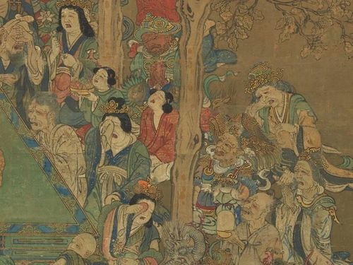 Đức Phật lịch sử nhập diệt, Nhật Bản, thế kỷ XIV. Những người chứng kiến đức Phật nhập diệt thể hiện nhiều sắc thái đau buồn.| The Metropolitan Museum of Art.