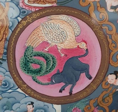 Ở trung tâm một sơ đồ Bánh xe sự sống, hình ảnh gà trống, rắn và lợn lần lượt tượng trưng cho tham lam, mê lầm và sân hận - ba độc. | Wikimedia Commons.