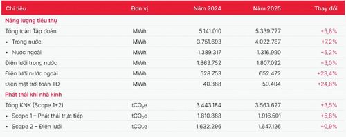 Bảng so sánh năng lượng và phát thải khí nhà kính Viettel năm 2024 và 2025 trong báo cáo phát triển bền vững. Ảnh chụp báo cáo