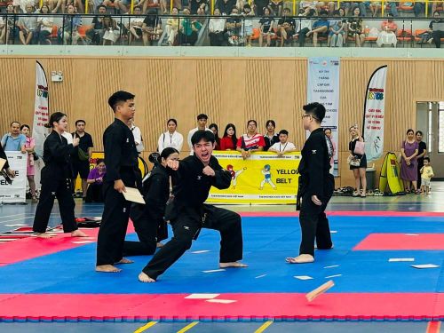 Các võ sinh thể hiện kỹ thuật tại Kỳ thi thăng cấp đai Taekwondo lần thứ II năm 2026