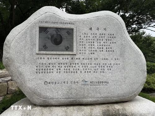 Bia tưởng niệm tại chùa Jingwansa giới thiệu tư liệu về cờ Taegeukgi được phát hiện trong quá trình trùng tu, gắn với phong trào đấu tranh giành độc lập của Hàn Quốc. (Ảnh: Nhật Hưng/TTXVN)