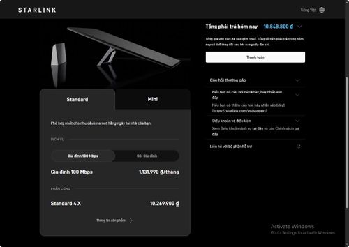 Giá dịch vụ Starlink tại Việt Nam. Ảnh chụp màn hình.