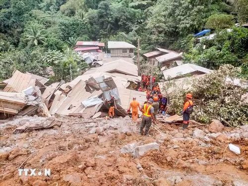 Hện trường vụ lở đất ở tỉnh Davao de Oro, Philippines, ngày 7/2/2024. (Ảnh: THX/TTXVN)