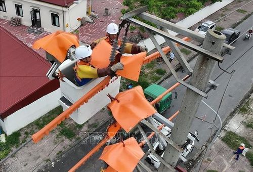 Ứng dụng công nghệ sửa chữa điện nóng (hotline) ở đường dây hạ thế phường Phố Hiến, tỉnh Hưng Yên. Ảnh: Vũ Sinh - TTXVN