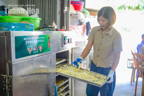 “Một mùa tôi thu mua khoảng hơn 15 tấn củ mài tươi. Khoảng 5kg tươi mới được 1kg khô”, bà Hoa cho biết. Từ những củ mài tươi, qua nhiều công đoạn, sản phẩm khô được đóng gói đưa ra thị trường.