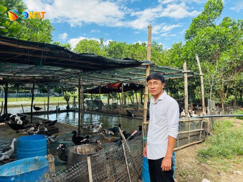 Anh Phan Văn Vương bên cạnh khu vực nuôi vịt trời của trang trại. Ảnh: H.Vũ