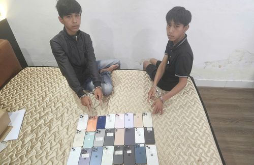 Trần Nhật Trung và Trần Nhật Quốc cùng tang vật vụ trộm.