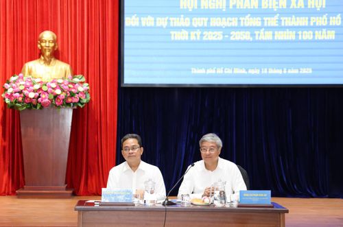 Hội nghị sáng 18/8 dưới sự chủ trì của ông Phạm Minh Tuấn (bên trái), Phó chủ tịch Ủy ban MTTQ TP.HCM và ông Phạm Bình An, Phó viện trưởng Viện Nghiên cứu Phát triển TP.HCM. Ảnh: Phan Anh.