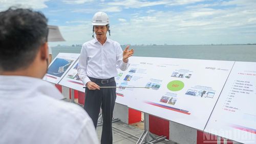 Ông Nguyễn Văn Tiến, đại diện lãnh đạo khai thác vận hành cảng Liên Chiểu trao đổi với các nhà đầu tư trong chuyến khảo sát thực địa về mô hình "Cảng xanh-Cảng thông minh".