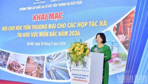 Đồng chí Cao Xuân Thu Vân, Bí thư Đảng ủy, Chủ tịch Liên minh Hợp tác xã Việt Nam phát biểu khai mạc hội chợ.