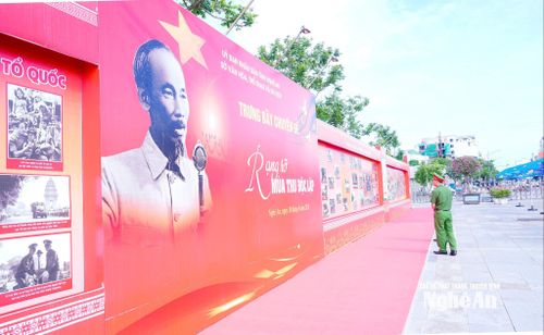 Các đại biểu tham quan trưng bày chuyên đề "Rạng rỡ mùa Thu Độc lập". Ảnh: Phạm Bằng