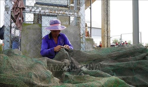 Nông dân ở vùng đầu nguồn của tỉnh Đồng Tháp vá lưới, chuẩn bị việc đánh bắt cá trong mùa nước nổi sắp đến.