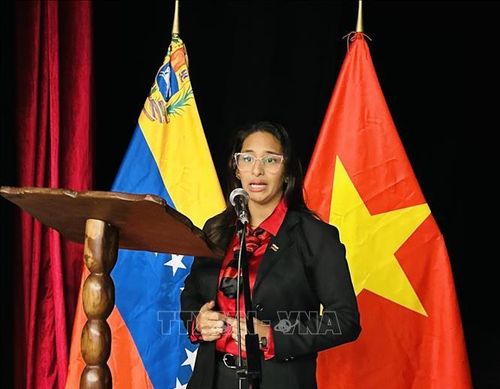 Tiến sĩ Arianna Guerrero, Trưởng nhóm nghiên cứu về tư tưởng Hồ Chí Minh thuộc UICOM, phân tích giá trị của tư tưởng Hồ Chí Minh và những bài học từ con đường phát triển của Việt Nam. Ảnh: TTXVN phát