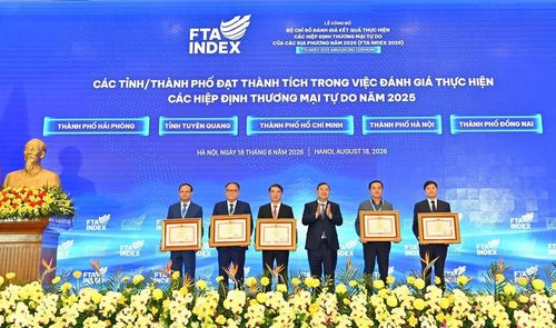 Phó Thủ tưởng trao bằng khen cho các tỉnh, thành phố trong việc đánh giá trhuwcj hiện các hiệp định thương mại tự do năm 2025. Ảnh: Bộ Công Thương