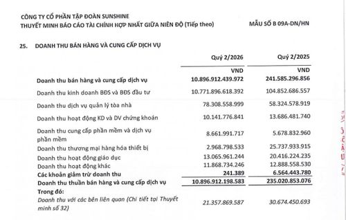 Bất động sản mang về 10.771,90 tỷ đồng, chiếm 98,85% doanh thu quý 2/2026, mảng phần mềm đạt 8,66 tỷ đồng. Ảnh chụp báo cáo tài chính hợp nhất quý 2/2026.