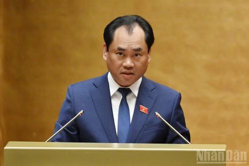 Thừa ủy quyền của Thủ tướng, Bộ trưởng Nông nghiệp và Môi trường Trịnh Việt Hùng trình bày Tờ trình. (Ảnh: THỦY NGUYÊN)