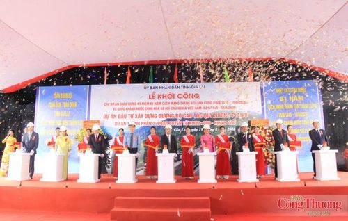 Các đại biểu nhấn nút khởi công Dự án thành phần 2, đoạn Km22+000 - Km90+000, thuộc Dự án đầu tư xây dựng đường bộ cao tốc Quy Nhơn - Pleiku.