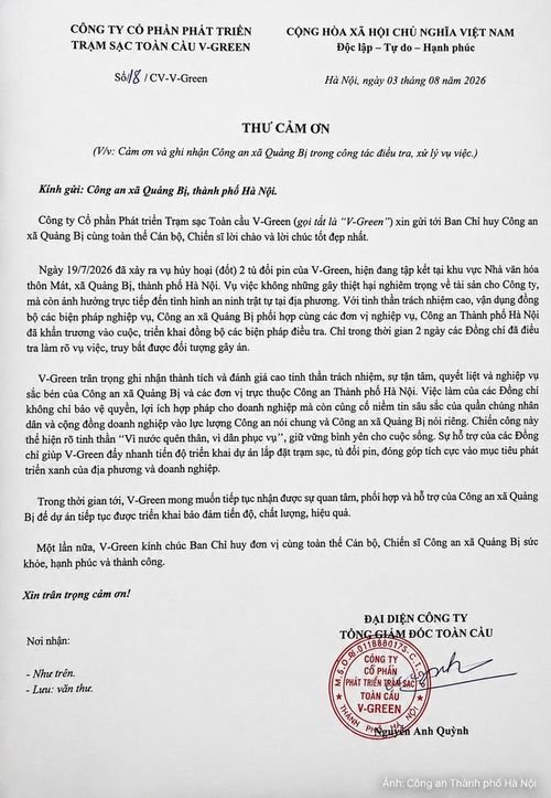Nội dung thư cảm ơn của Công ty cổ phần Phát triển trạm sạc toàn cầu V-GREEN